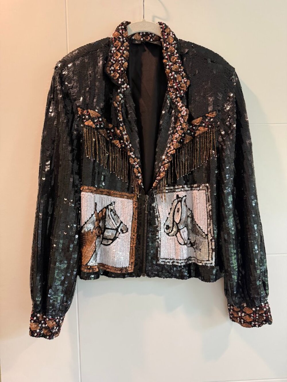 Vintage Sequin Country Western Cowgirl Bomber Jacket with Fringe